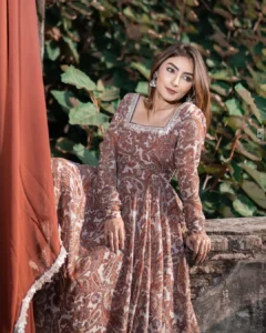 Rust & White Ambi Floral Print Pure Georgette Anarkali Suit Set | Heavy 7-Meter Flair
