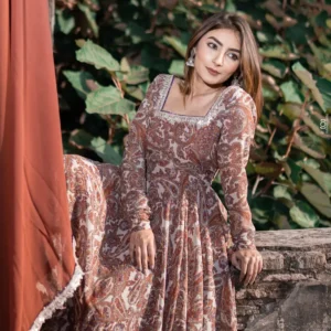Rust & White Ambi Floral Print Pure Georgette Anarkali Suit Set | Heavy 7-Meter Flair