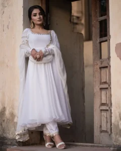 White Floral Pure Georgette Anarkali Suit Set | Sequin Sleeves, Mirror Lace Chiffon Dupatta & 7-Meter Flair (Sizes S-XXL)
