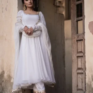 White Floral Pure Georgette Anarkali Suit Set | Sequin Sleeves, Mirror Lace Chiffon Dupatta & 7-Meter Flair (Sizes S-XXL)