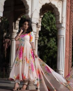 Rust & White Floral Ambi Print Pure Georgette Anarkali Suit Set with Dupatta | Heavy 7-Meter Flair (Sizes S-XXL)