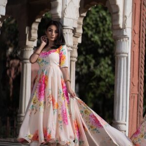 Rust & White Floral Ambi Print Pure Georgette Anarkali Suit Set with Dupatta | Heavy 7-Meter Flair (Sizes S-XXL)