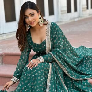 Green Floral Pure Georgette Anarkali Suit Set | Mirror Lace Dupatta & Heavy 7-Meter Flair (Sizes S-XXL)