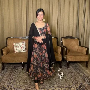 Embrace timeless grace with our Black Midnight Vintage Floral Anarkali Set
