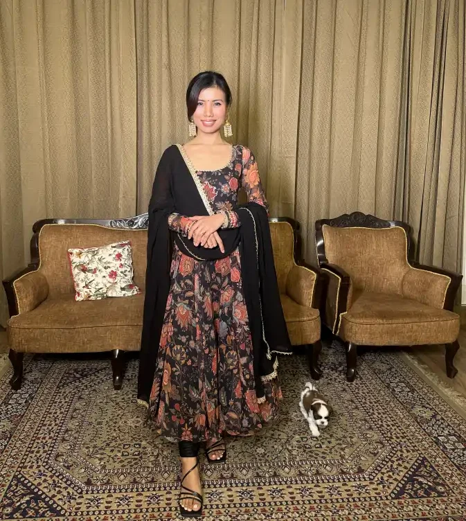 Embrace timeless grace with our Black Midnight Vintage Floral Anarkali Set