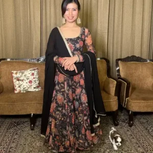 Embrace timeless grace with our Black Midnight Vintage Floral Anarkali Set
