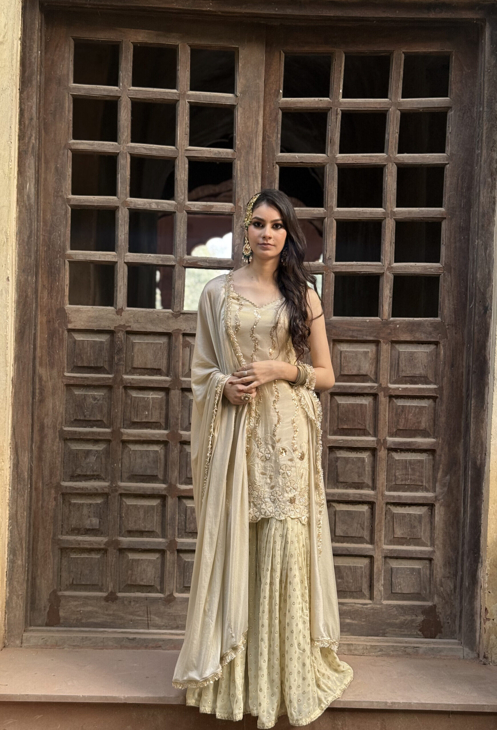 Luxury Champagne Gold Hand-Embroidered Sharara Set