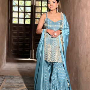 Hand embroidered ice blue sharara suit set