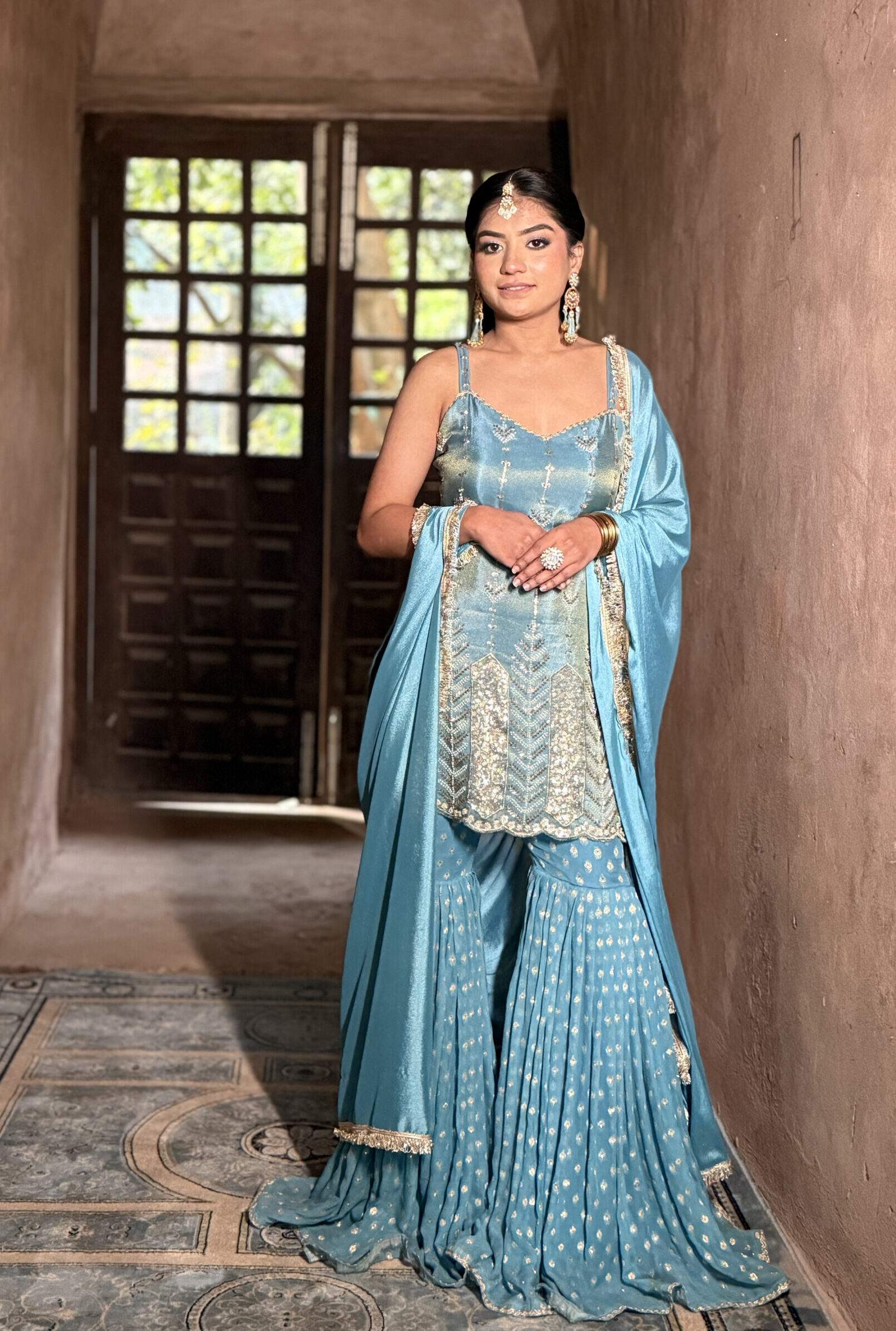 Hand embroidered ice blue sharara suit set