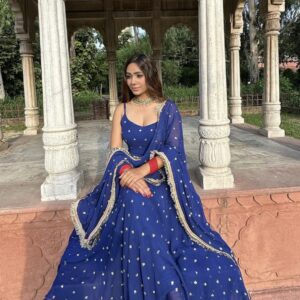 Royal Blue Georgette Embroidered Anarkali Set with Fringe Lace Dupatta
