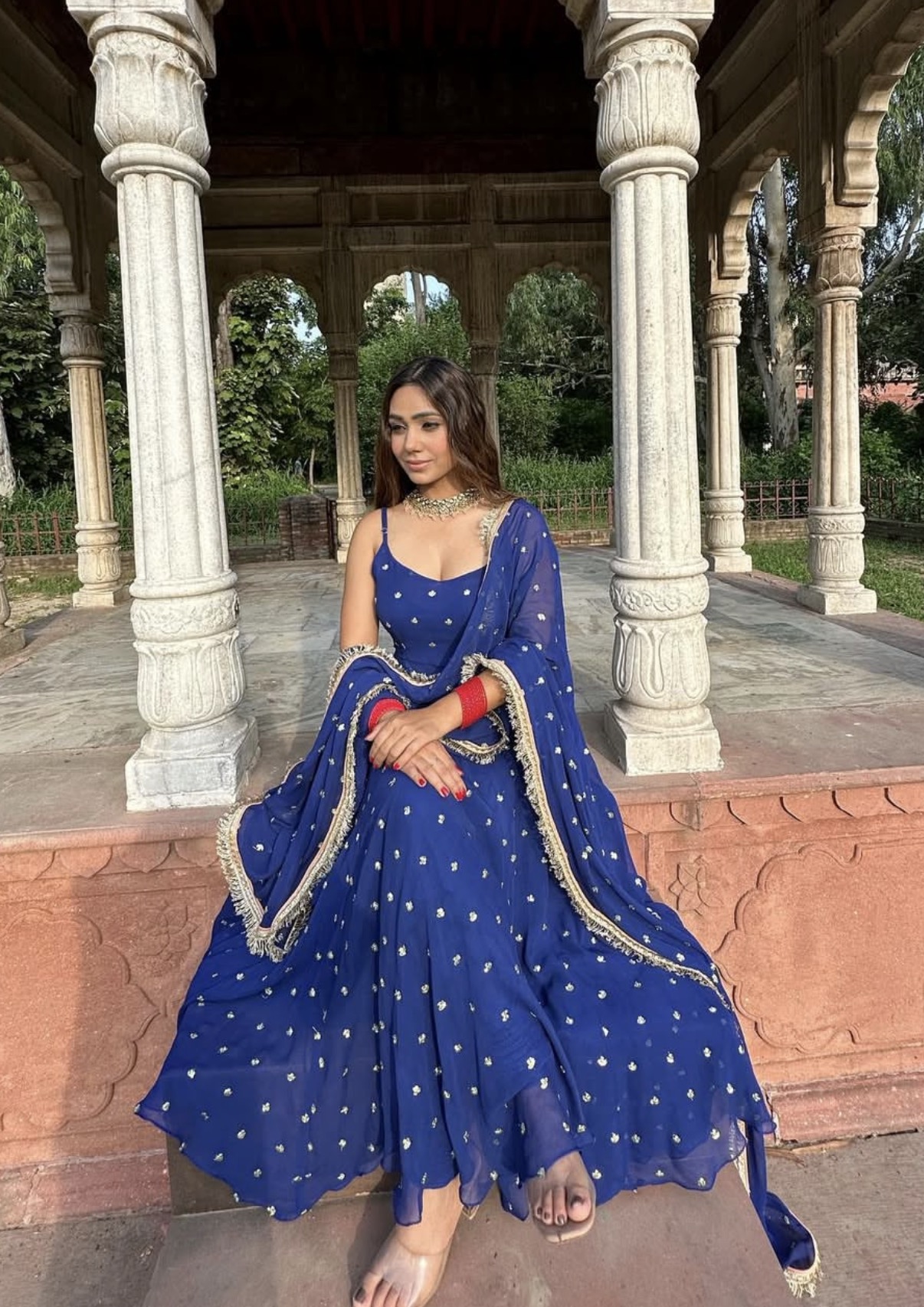 Royal Blue Georgette Embroidered Anarkali Set with Fringe Lace Dupatta