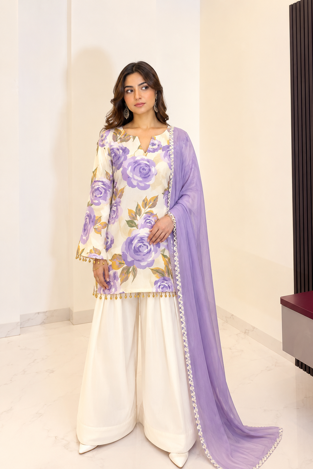 Lavender Floral Printed Farshi Salwar Suit Set with shiffon dupatta