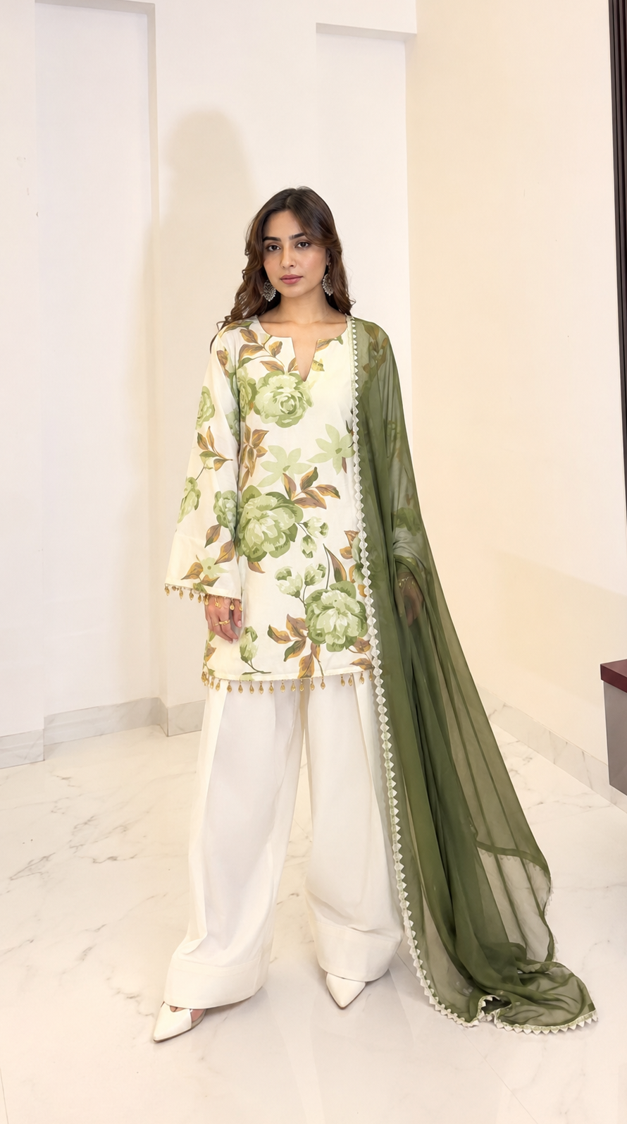 Olive Floral Printed Farshi Salwar Suit Set | Ameera