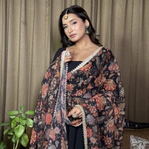 Midnight Bloom Black Anarkali  suit Set with print dupatta