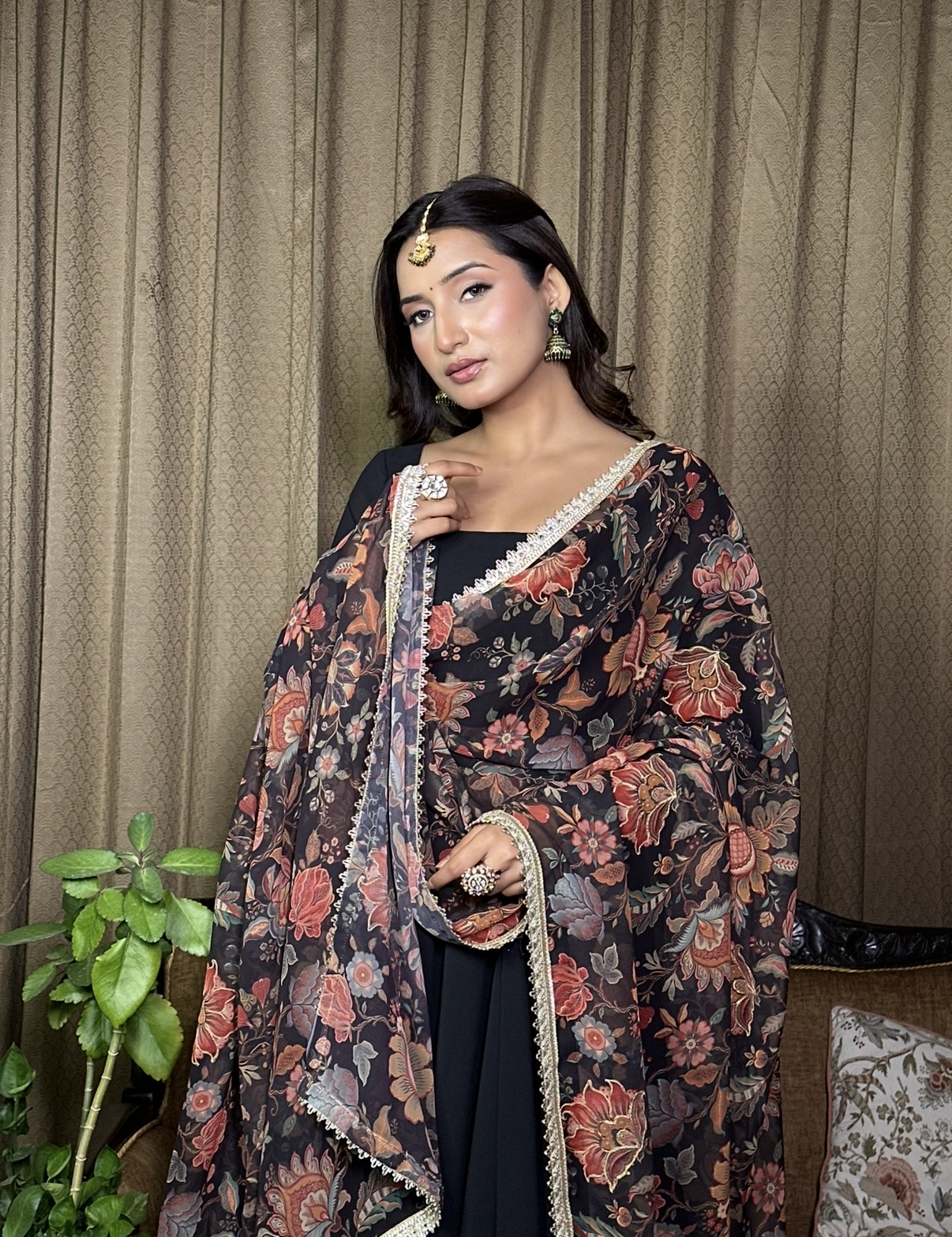 Midnight Bloom Black Anarkali  suit Set with print dupatta