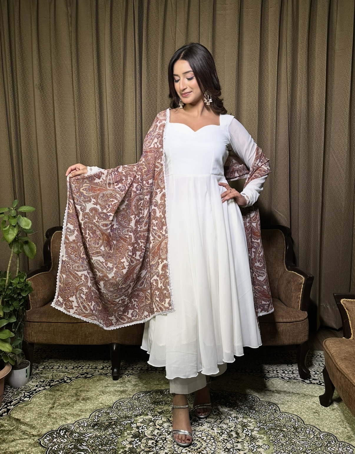 Noor-E-Ada white Anarkali with Printed Dupatta Set