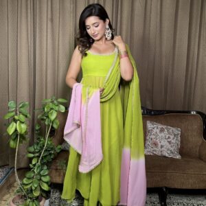 SABZ GUL — Lime Green suit Set with pastel pink Tie-Dye Georgette Dupatta