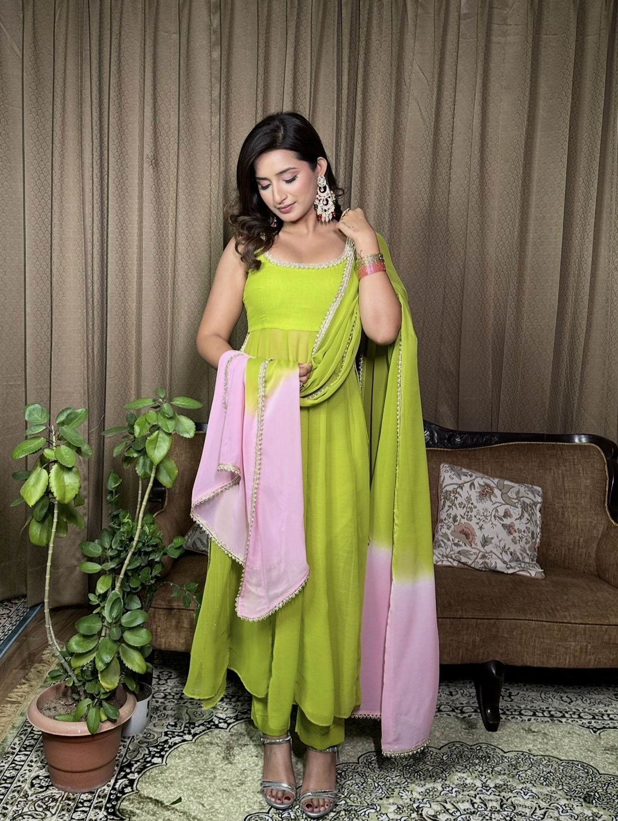 SABZ GUL — Lime Green suit Set with pastel pink Tie-Dye Georgette Dupatta